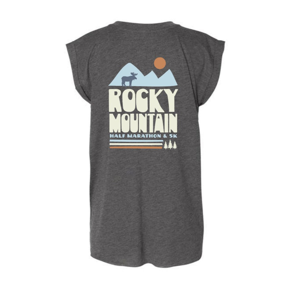 Gray sleeveless shirt with 'Rocky Mountain' graphic design on a white background